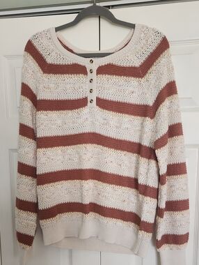 C&C California Cream and Rust Striped Henley Sweater